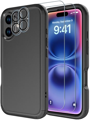 Diverbox for iPhone 16 Plus Case [Shockproof] [Dropproof] [Tempered Glass Screen Protector + Camera Protectors] Heavy Duty Protection Phone Case Cover for Apple iPhone 16 Plus (Black) - color: Black, size: For iphone 16 Plus