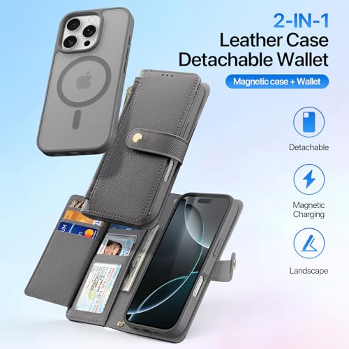 for iPhone 16 Pro Wallet Case, iPhone 16 Pro Case Wallet Gray | Compatible with Magsafe, RFID Blocking, Zipper Card Holder, PU Leather Flip Folio Case, Strap Wallet Case, Phone Kickstand - color: Gray, size: iPhone 16 Pro