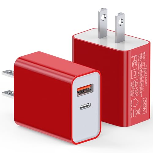 [2 Pack] 20W USB C Charger Block Fast Charging Dual Ports Adapter - color: Red