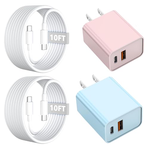 10FT iPhone 17/16e Fast Charger,2Pack 20W Dual Port USBA+C QC Apple Adapter - color: Blue/Pink