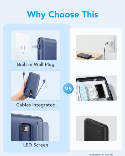 charmast Portable Charger Power Bank 10000mAh with Built-in AC Wall Plug - color: Navy