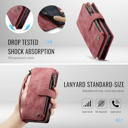 Compatible with iPhone 16e/17e Wallet Case,with Card Holder Kickstand Magnetic Zipper Pocket Lanyard Strap Wristlet,Leather Flip Case Wallet for iPhone 16e/17e 6.1 Inch(Red) - color: Red, size: iPhone 16E/17E 6.1 Inch