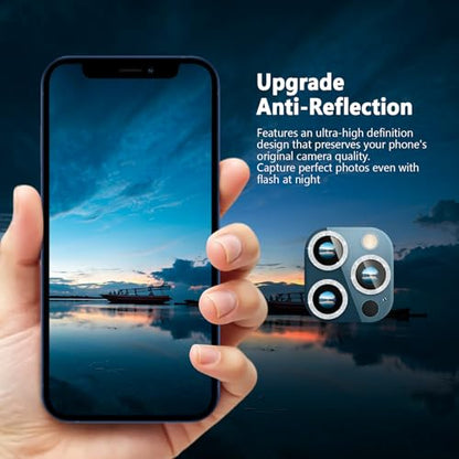 TENOC Camera Lens Protector for iPhone 12 Pro Max, Silver Glitter Individual Metal Ring with 9H Tempered Glass, Bling Sparkle Case Friendly Cover