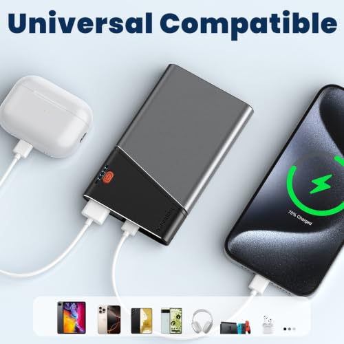 Aaoyun 10000mAh Portable Power Bank, 22.5W PD Fast Charging Battery Pack with Built-in USB-C Cable, Ultra-Slim External Phone Charger for iPhone 17/16/15, Samsung Galaxy S24, Android (Grey) - color: Grey