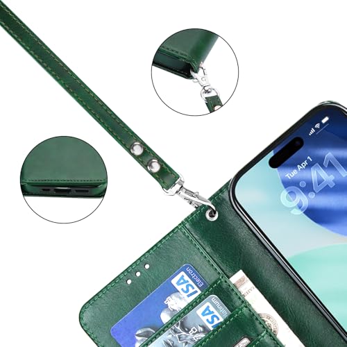 Bocasal Detachable Wallet Case Card Holder for iPhone 17 Pro, Green | RFID Blocking Kickstand Card Slots Holder PU Leather Magnetic Shockproof Wrist Strap Removable Flip Protective Cover 6.3 inch - color: Green