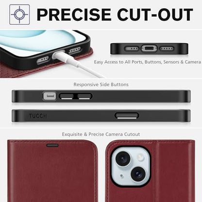TUCCH Case Wallet for iPhone 15 (6.1") 2023, RFID Blocking Folio, Dark Red | 4 Card Holders, Kickstand, PU Leather, Magnetic Closure, Shockproof TPU Shell, Protective Flip Cover - color: Dark Red