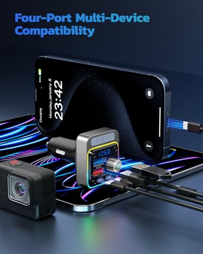 Nulaxy 54W Bluetooth 5.3 Car Adapter, FM Transmitter 4-Port Fast Charging - color: Silver