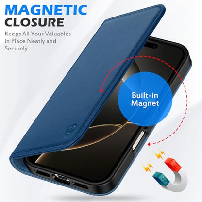 SHIELDON Genuine Leather Case Wallet for iPhone 16 Pro Max 6.9", Royal Blue | Flip Magnetic Closure, RFID Blocking 3 Card Holder, Kickstand, Full Protection, Shock Absorbing Protective Cover - color: Royal Blue
