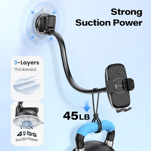 APPS2Car 14'' Gooseneck Car Truck Phone Holder, Windshield Phone Mount - color: Black Plaid + Extendable Foot Pad