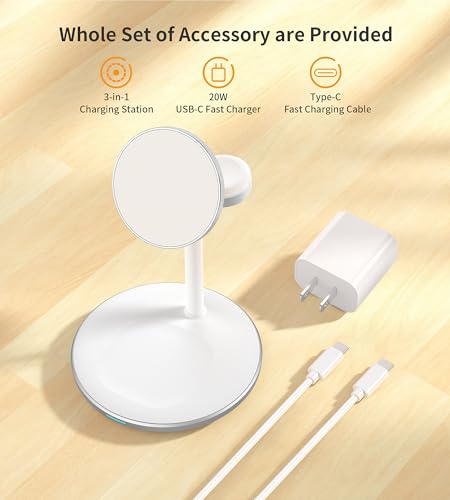 3 in 1 Magnetic Wireless Charging Station for Apple Devices,15W for Magsafe - color: White