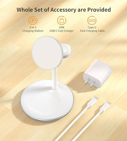 3 in 1 Magnetic Wireless Charging Station for Apple Devices,15W for Magsafe - color: White