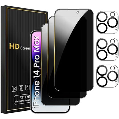 Romkasi 3 Pack Privacy Screen Protector for iPhone 14 Pro Max 6.7 Inch with 3 Pack Camera Lens Protector, Anti Spy Tempered Glass Film, Anti-Scratch, Touch Sensitive, Case Friendly - color: iPhone 14 Pro Max