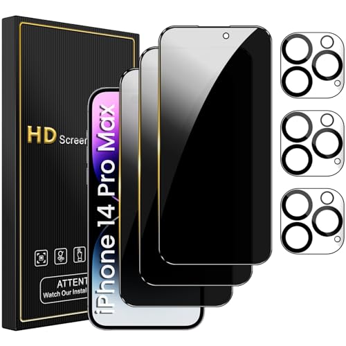 Romkasi 3 Pack Privacy Screen Protector for iPhone 14 Pro Max 6.7 Inch with 3 Pack Camera Lens Protector, Anti Spy Tempered Glass Film, Anti-Scratch, Touch Sensitive, Case Friendly - color: iPhone 14 Pro Max