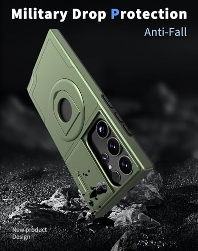 ANNGELAS for Samsung Galaxy S23 Ultra Mag Safe Kickstand Case with Slide Camera Cover,Slim Shockproof Military Heavy Duty Anti Drop Full Body Protection,360 Rotating Stand Magnetic Phone Case(Green) - color: Magnetic Stand Green