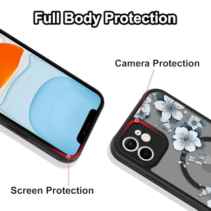Magnetic for iPhone 11 Case,White Flower | [Compatible with MagSafe] Cute Fashion Translucent Matte Hard Back Shockproof Anti-Scratch Phone Case,Ink Flower - color: Ink Flower, size: iPhone 11