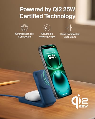 Belkin Qi2.2 25W Wireless 2 in 1 Foldable Fast Charging Station + USB C - color: Blue