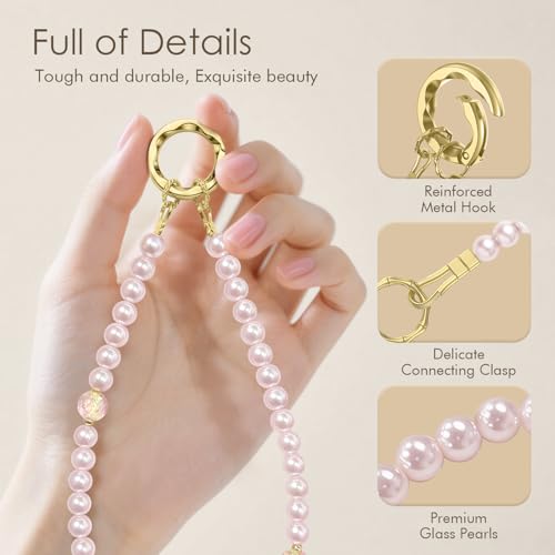 SURPHY Phone Charm, Handmade Beaded Phone Wrist Strap with Tether Tab - color: B- Pearl Pink