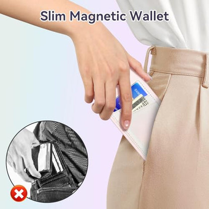 SHANSHUI Magnetic Wallet Compatible for Magsafe, PU Leather Power Magnet Card Holder for Back of Phone Wallet 2 Card Slots Compatible for iPhone 15/14/ 13/12 Series - color: WhiteRainbow