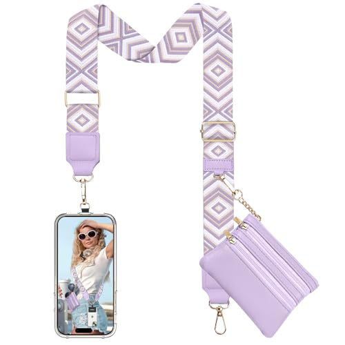 TiMOVO Clip and Go Phone Strap Crossbody with Leather Wallet, Adjustable Anti-Theft Lanyard with Pouch for Most Phone Case - color: Light Purple + White