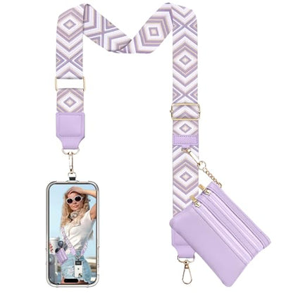 TiMOVO Clip and Go Phone Strap Crossbody with Leather Wallet, Adjustable Anti-Theft Lanyard with Pouch for Most Phone Case - color: Light Purple + White