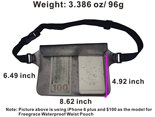Freegrace Waterproof Pouches with Waist Strap / Pouch Case Bundle Set- Keep Your Phone & Valuables Dry and Safe - Waterproof Dry Bags for Boating Swimming Snorkeling Kayaking Beach Water Parks Pool - color: Gray + Waterproof Case