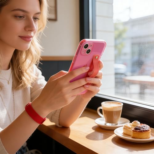 Strap Case for iPhone 15 with Stand, Neon Magenta | Wrist Strap Kickstand, Adjustable Finger Hand Grip Loop, Slim Transparent Anti-Scratch Back, Soft Bumper Phone Cover - color: Neon Magenta, size: iPhone 15