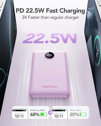 Mini Portable Charger with Built-in Cables 22.5W Fast Charging Power Bank USB-C Small Battery Pack 10000mAh Travel Essential Slim Battery for iPhone 17/16/15/14, Samsung 25/24, and More - color: Purple