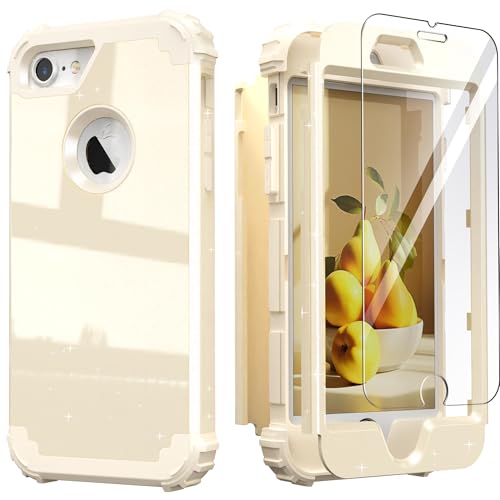 IDweel for iPhone 8 Case & for iPhone 7 Case with Screen Protector(Tempered Glass),3 in 1 Shockproof Hybrid Heavy Duty Hard PC Cover Soft Silicone Sturdy Bumper Full Body Sturdy Case,Glitter Yellow - color: Glitter Yellow