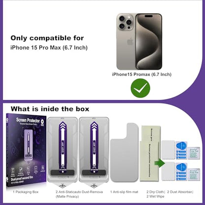 2-Pack Matte Privacy Screen Protector for iPhone 15 Pro Max,Anti-Glare & 25°Anti-Spy,Anti-Reflection,Anti-Fingerprint,Auto Dust Removal,Easy Installation - size: iPhone 15 Pro Max