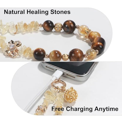 TEAMOLA Natural Stone Phone Charm - Crystal Phone Beaded Wrist Strap - color: Gold & Yellow & Black