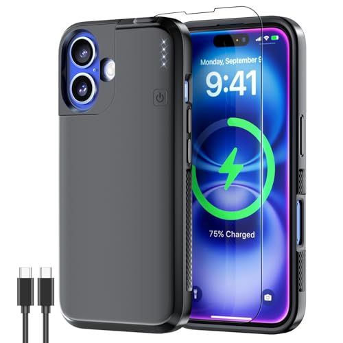 NEWDERY Battery Case for iPhone 16 USB C Fast Charging Case 6.1‘’ 5000mAh | Portable Protective Power Bank, CarPlay, Sync-Data Supported, Rechargeable,Fast Charger Case, Black - size: iPhone 16-5000mAh