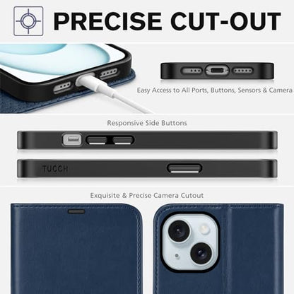 TUCCH Case Wallet for iPhone 15 (6.1") 2023, RFID Blocking Folio, Dark Blue | 4 Card Holders, Kickstand, PU Leather, Magnetic Closure, Shockproof TPU Shell, Protective Flip Cover - color: Dark Blue