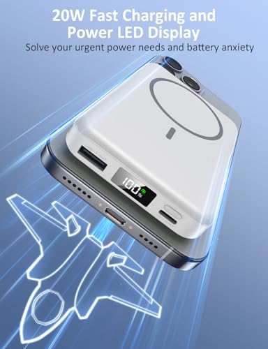 Magnetic Portable Charger 10000mAh, 20W Power Bank with Built in Cable | 20W Fast Charging for Magsafe Battery Pack with LED Display, Travel Essential for iPhone 17/16/15/14/13/12 Pro/Pro Max-White - color: White