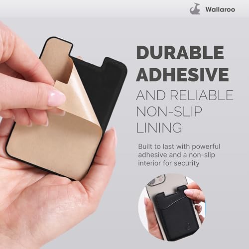 Wallaroo Premium Leather Cell Phone Wallet Stick On - Android and iPhone Wallet and Card Holder for Women and Men - Durable with Non-Slip Lining Secures Up to 3 Cards - color: Black