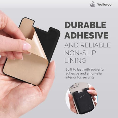 Wallaroo Premium Leather Cell Phone Wallet Stick On - Android and iPhone Wallet and Card Holder for Women and Men - Durable with Non-Slip Lining Secures Up to 3 Cards - color: Black