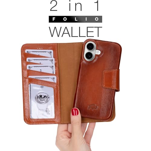 BLACKBROOK Wallet Case for iPhone 16 – Burkley 2-in-1 Detachable Folio, MagSafe Compatible, RFID Blocking – Full Grain Leather with Natural Patina, 3 Card Slots, Premium Gift Box - color: Burnished Tan, size: iPhone 16
