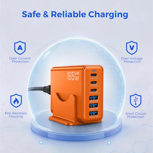 165W GaN Charging Station, 6-Port Desk Charging Station, Orange - color: Orange