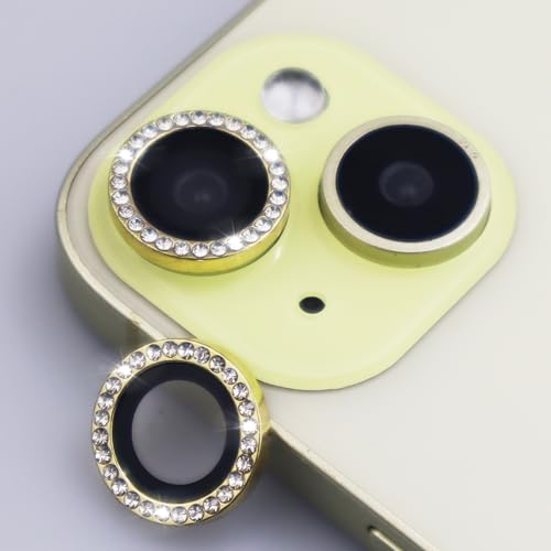 Camera Lens Protector for iPhone 15/15 Plus/14/14 Plus Bling Diamond Metal Ring Rhinestone Tempered Glass Lens Cover Accessories (Gold) - color: Gold