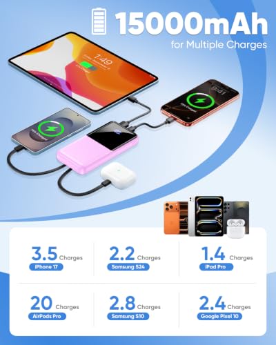 CFIAI Portable Charger 15000mAh Slim Power Bank with Built in Cables