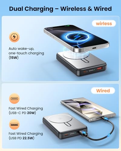 Portable Charger Power Bank 12000 mAh, for Magsafe Bank Pack with 15W Wirless Fast Charging, 20W PD Fast Charging Battery Charger, Magnetic Power Bank for iPhone 17/16/15/14/13/12 Series (Grey)
