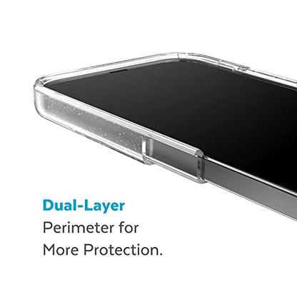 Speck Clear iPhone 14 Pro Max Case - Drop Protection with Scratch Resistant Dual Layer Slim Phone Case for 6.7 Inch iPhones 14 Pro Max - Anti-Yellowing & Anti-Fade Case - Platinum Glitter GemShell - color: Clear/Clear W/Platinum Glitter