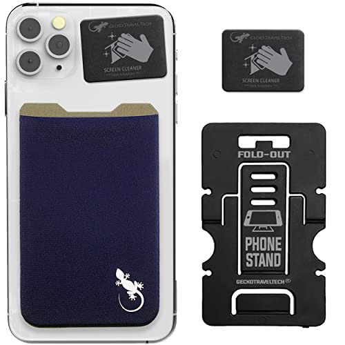 Phone Wallet - Adhesive Card Holder - Cell Phone Pouch - Stick on Lycra Pocket by Gecko - Carry Credit Cards and Cash - color: NAVY