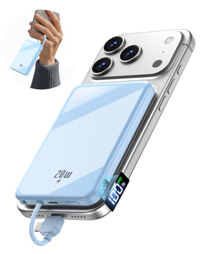 10000mAh Portable Charger, 20W Fast Charging, Built-in Cables with Handle | Charge from 20% to 85% in 30 Mins, 30% Smaller, magnetic grip, Stays Cool, LED Display, for iPhone, Samsung, Android Phones - color: 03.Blue