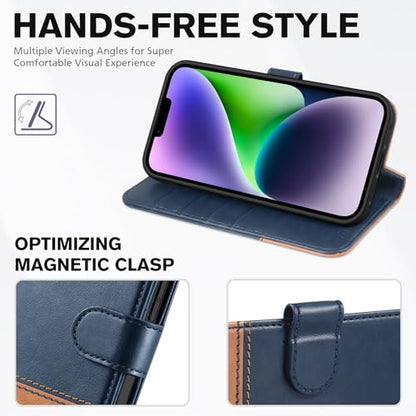 TUCCH Case Wallet for iPhone 14 6.1", RFID Blocking Folio, Blue & Brown | 4 Card Holders, Kickstand, PU Leather, Magnetic Closure, Shockproof TPU Shell, Protective Flip Cover - color: Dark Blue & Brown