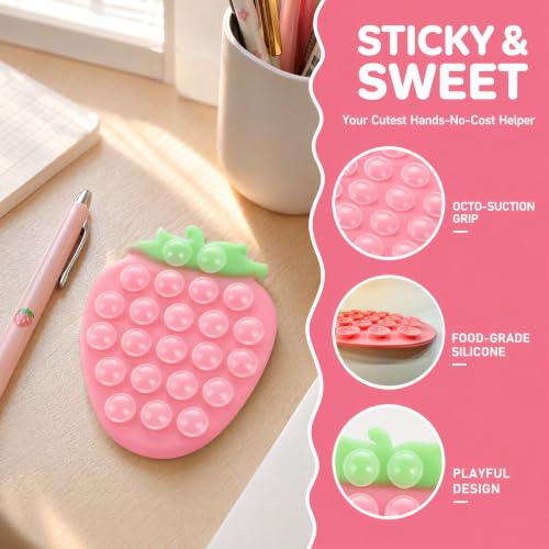 Suction Phone Holder, Strawberry Grip - Mirror/Bathroom Selfies, Pink Green - color: Strawberry Pink Green