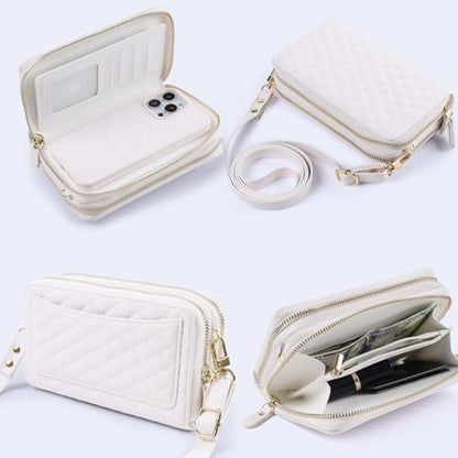 Harryshell Compatible with iPhone 16 Plus Case Wallet Multi Zipper Detachable Removable Cover Purse with RFID Blocking Card Slots Holder Mirror Crossbody Strap (Compatible with Magsafe - White) - color: Compatible with Magsafe - White, size: iPhone 16 Plu