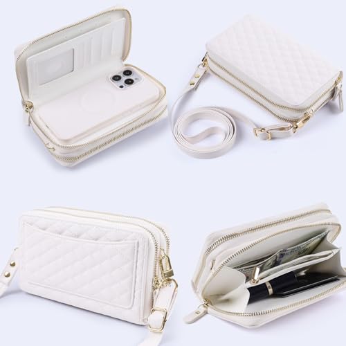 Harryshell Compatible with iPhone 16 Pro Case Wallet Multi Zipper Detachable Removable Cover Purse with RFID Blocking Card Slots Holder Mirror Crossbody Strap (Compatible with Magsafe - White) - color: Compatible with Magsafe - White, size: iPhone 16 Pro