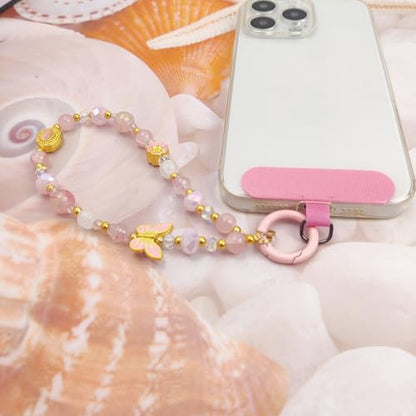 Cute Phone Wrist Strap Chic Beaded Cellphone Lanyard Phone Charm Grip Strap - color: Pink Butterfly