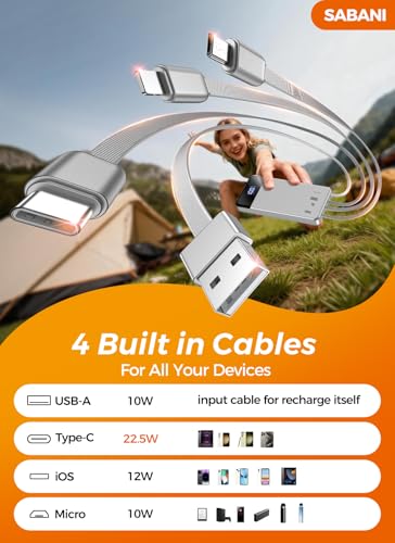 SABANI Portable Charger 35000mAh Power Bank, 4 Built in Cable Big Capacity - color: Silver