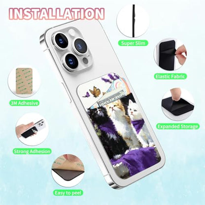 Phone Credit Card Holder Stick on, Cell Phone Pocket Self Adhesive Stretchy Stick on Wallet ID Credit Card Case Pouch Sleeve with Flap for All Smartphones, Lavender Cat - color: Lavender Cat